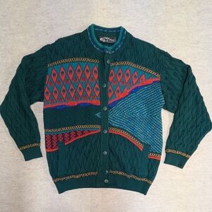 Vintage Oskar Haug Multicolor Green Knit Cardigan Wool Blend Irish Textured Larg